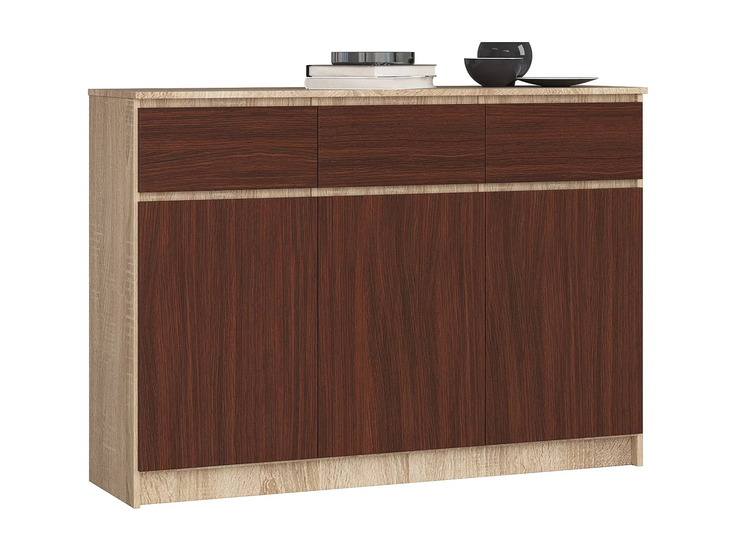 Komoda AKORD K140 Dąb Sonoma 138 cm 3 drzwi 3 szuflady kolor Wenge mat 6 półek 138x40x99 cm 1952341 - obrazek 1