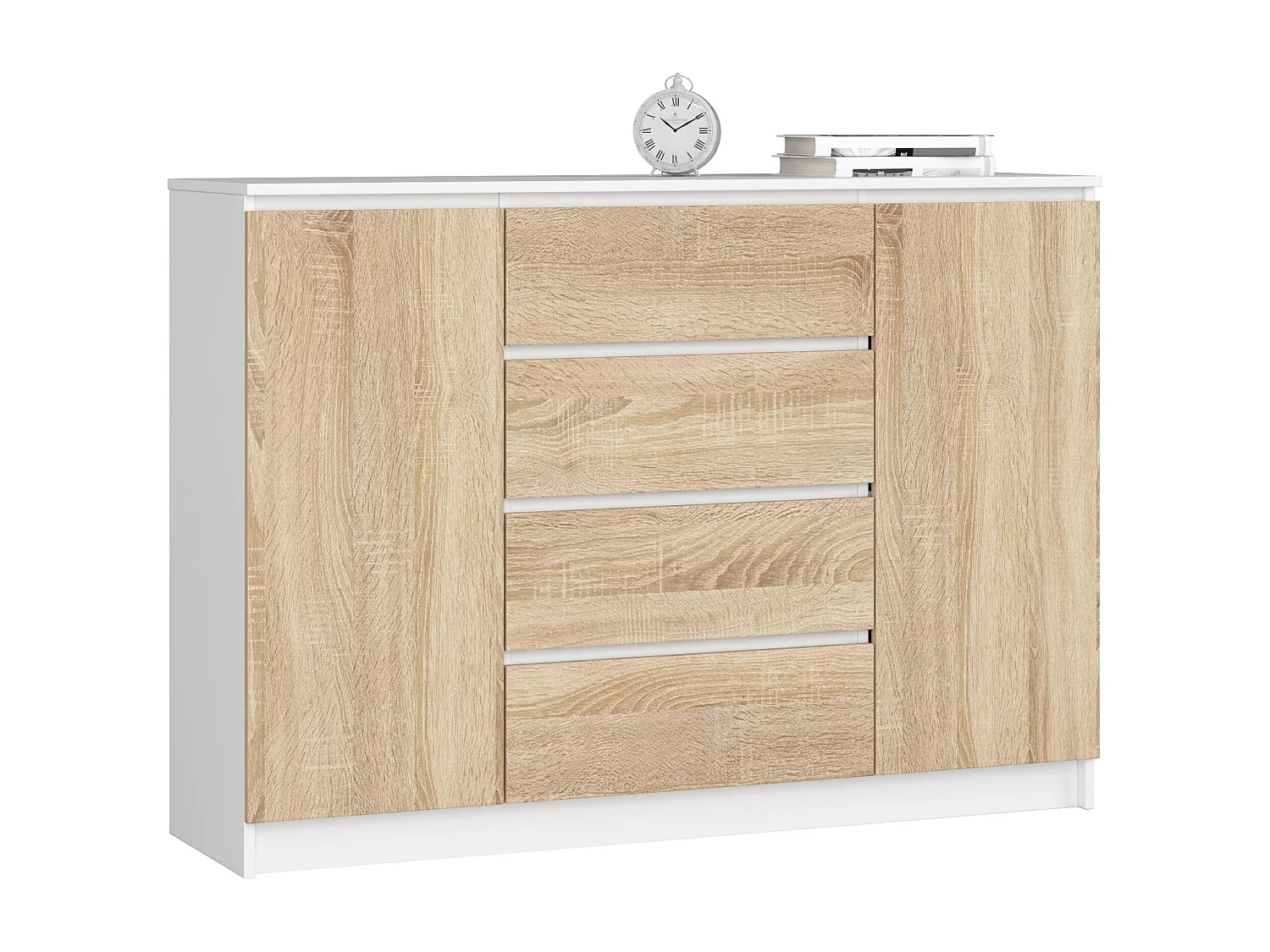 Komoda AKORD K140 Biała 138 cm 2 drzwi 4 szuflady kolor Dąb Sonoma mat 4 półki 138x40x99 cm 1952557 - obrazek 1
