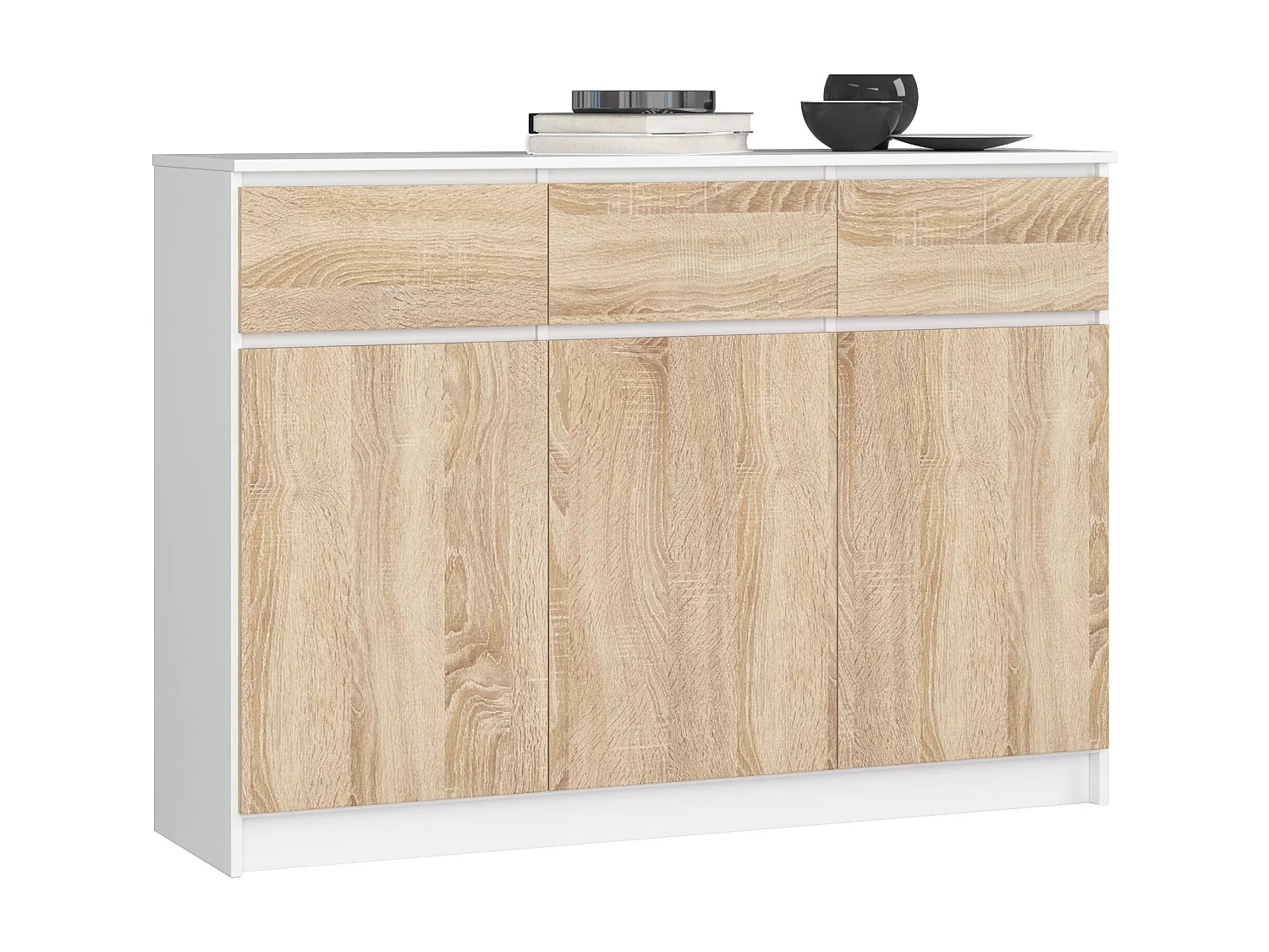 Komoda AKORD K140 Biała 138 cm 3 drzwi 3 szuflady kolor Dąb Sonoma mat 6 półek 138x40x99 cm 1952305 - obrazek 1