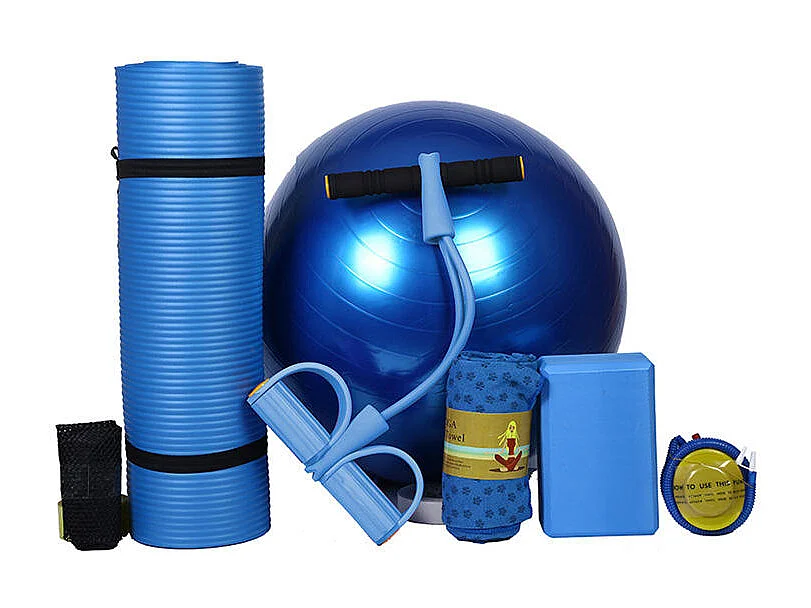Kompletny zestaw do jogi z matą jogi, ręcznikiem, piłką do jogi, cegłą do jogi, opaską fitness – niebieski 4879253