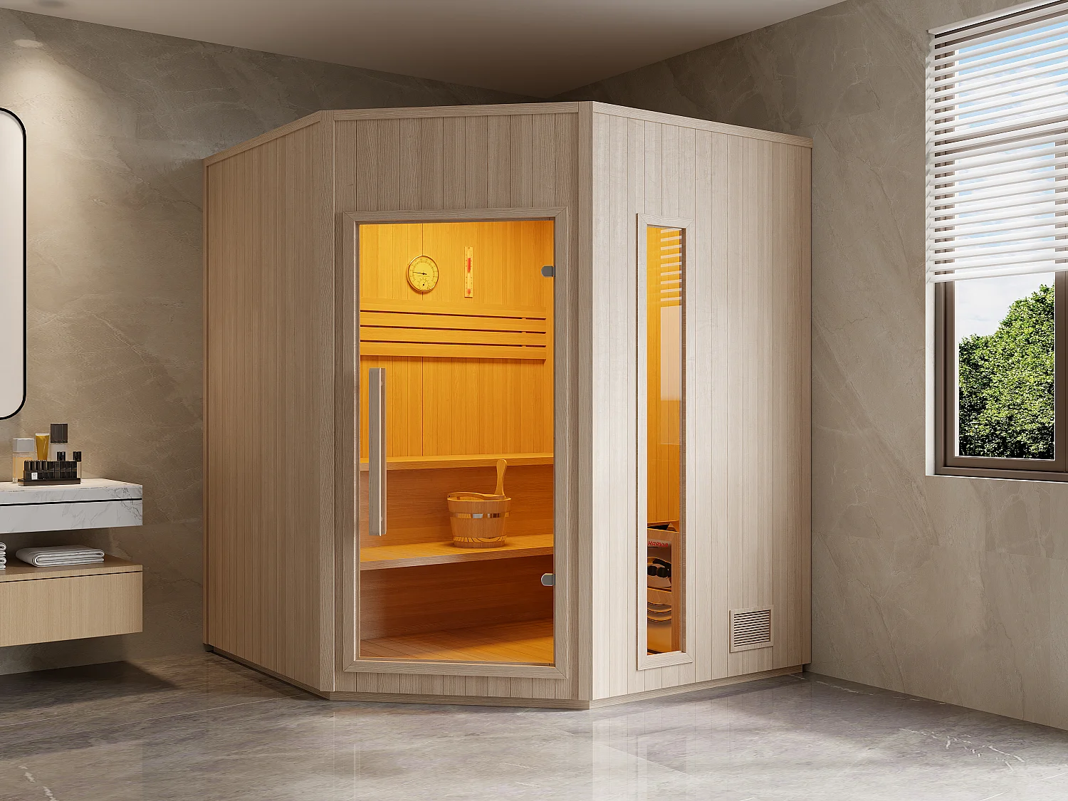 Narożna sauna fińska z piecem 8KW – 5/6 osób – S180 x G180 x W210 cm – KOTKA 4923495