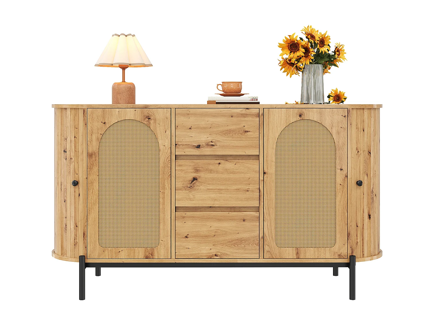 Komoda rattanowa owalna - 140 x 38 x 77,5 cm - z drzwiami przesuwnymi + 3 szuflady - nogi metalowe - płyta MDF - naturalny 4926806 - obrazek 1