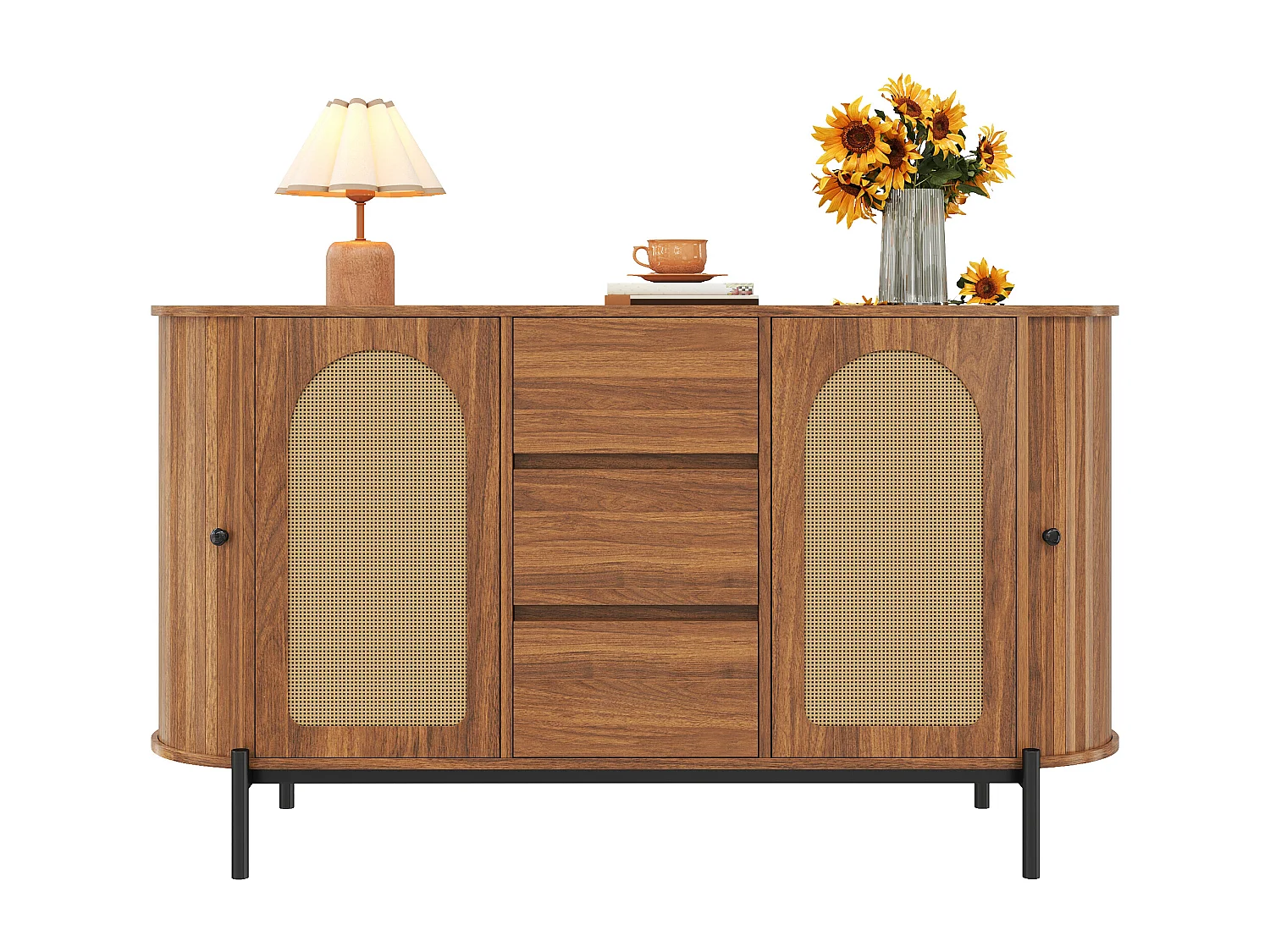 Komoda owalna z rattanu - 140 x 38 x 77,5 cm - z drzwiami przesuwnymi + 3 szuflady - nogi metalowe - płyta MDF - brązowa 4926811 - obrazek 1