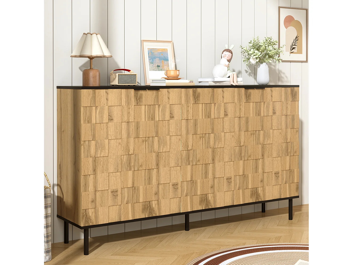 Komoda imitująca drewno do salonu i przedpokoju - 160 x 35 x 80 cm - z 2 drzwiami - nogi metalowe - płyta wiórowa - kolor naturalny 4926814 - obrazek 1
