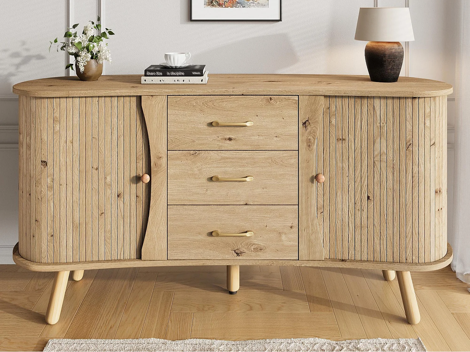 Kredens w kształcie groszku 150x36,5x75 cm - 2 drzwi przesuwne + 3 szuflady - Regulowane półki - Nogi z litego drewna - Naturalny 4932060 - obrazek 1