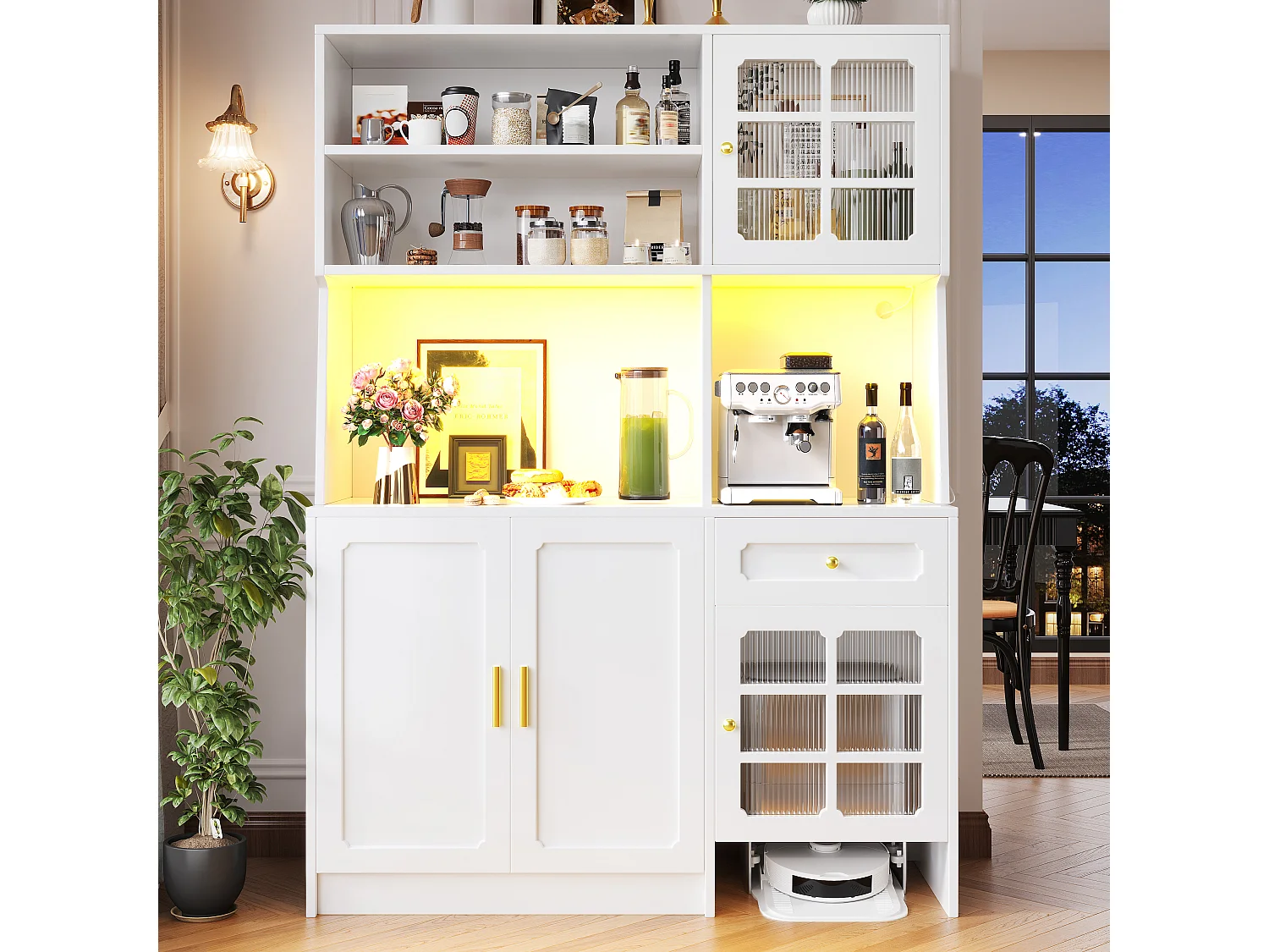 Kredens kuchenny 130x45x180cm - 4 drzwi + 1 szuflada + 5 półek - wysoka szafa - z oświetleniem LED - Styl retro - Biały 4932115 - obrazek 1