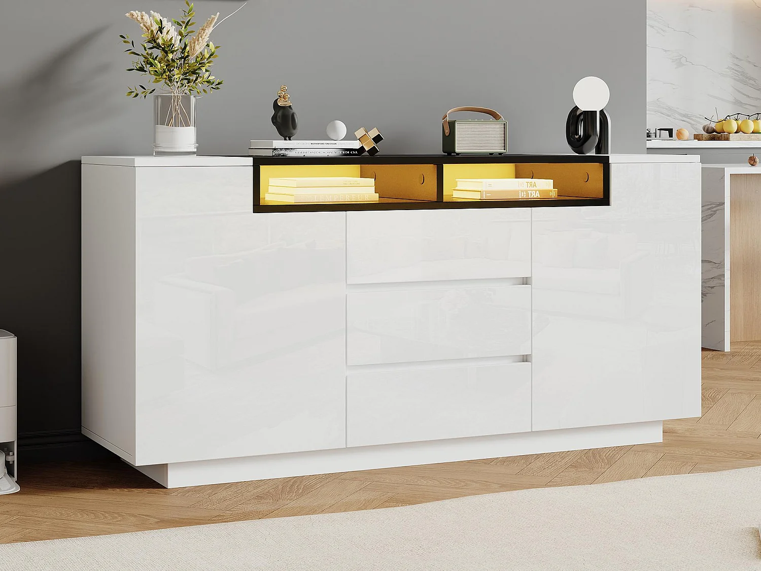 Kredens błyszczący 140x60x48 cm - 2 drzwi i 3 szuflady - z LED - Regulowane półki - Biały + Czarny 4625908 - obrazek 1