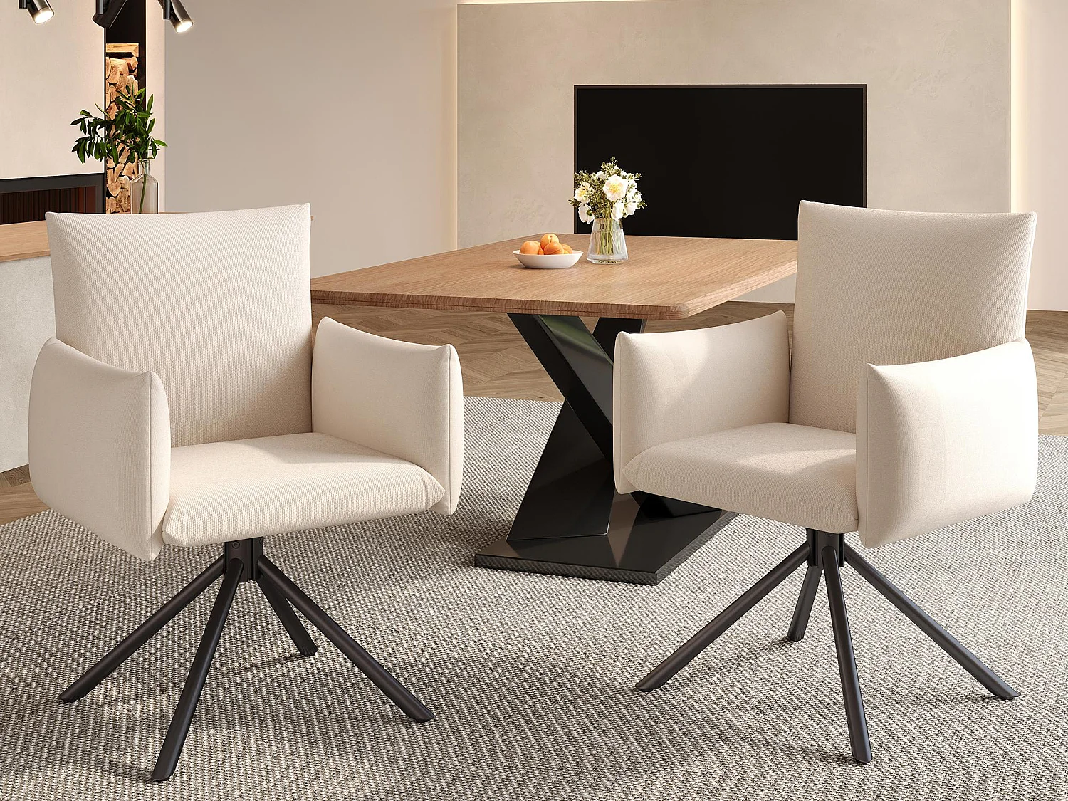 Komplet 2 foteli tapicerowanych - Obracane o 360° - z 4 metalowymi nogami - Len - Beżowy 4182014 - obrazek 1