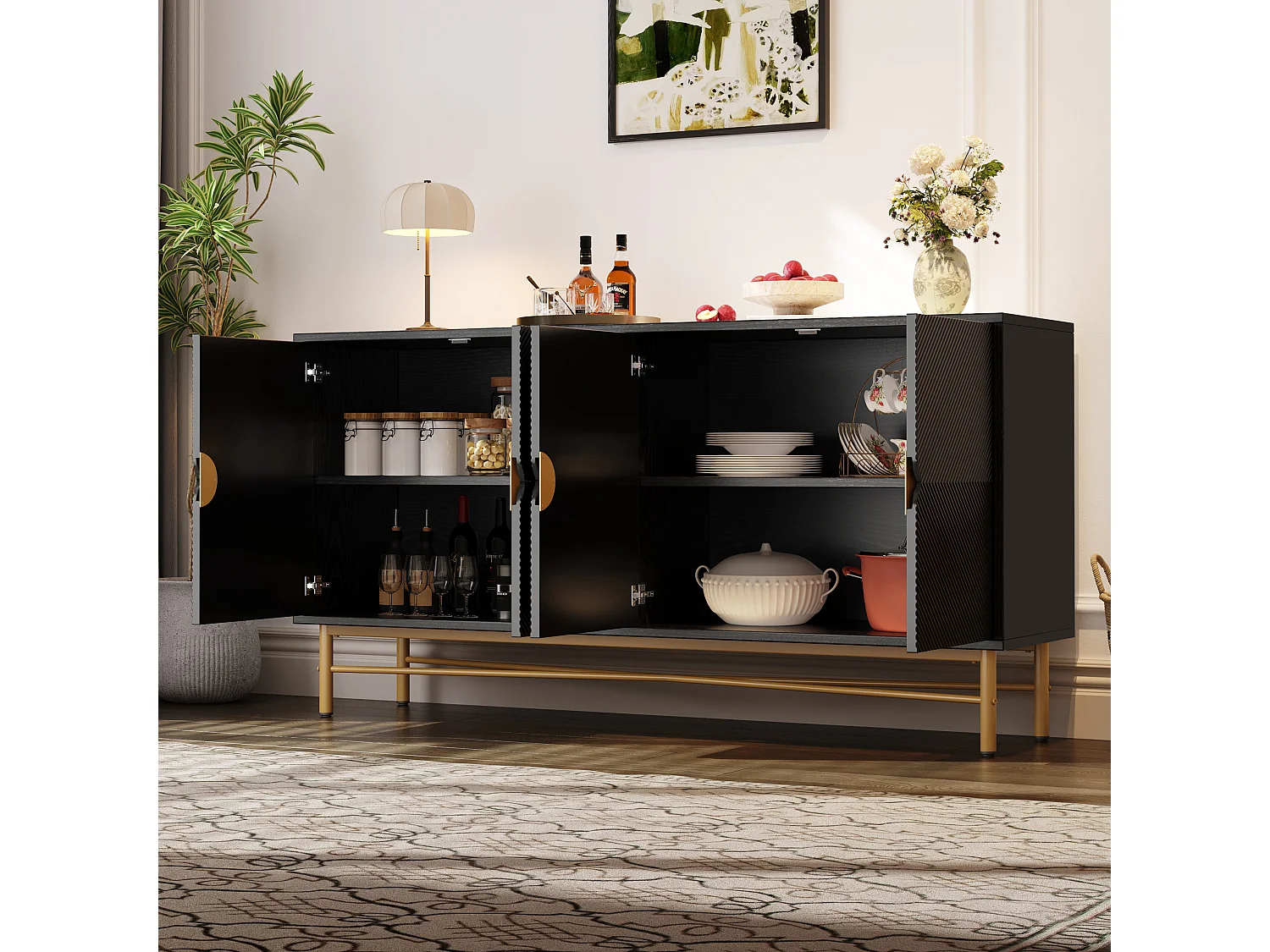 Komoda teksturowana - 160 x 40 x 82 cm - z 4 drzwiami - nogi lakierowane na wysoki połysk - płyta wiórowa - kolor czarny 4946262 - obrazek 1