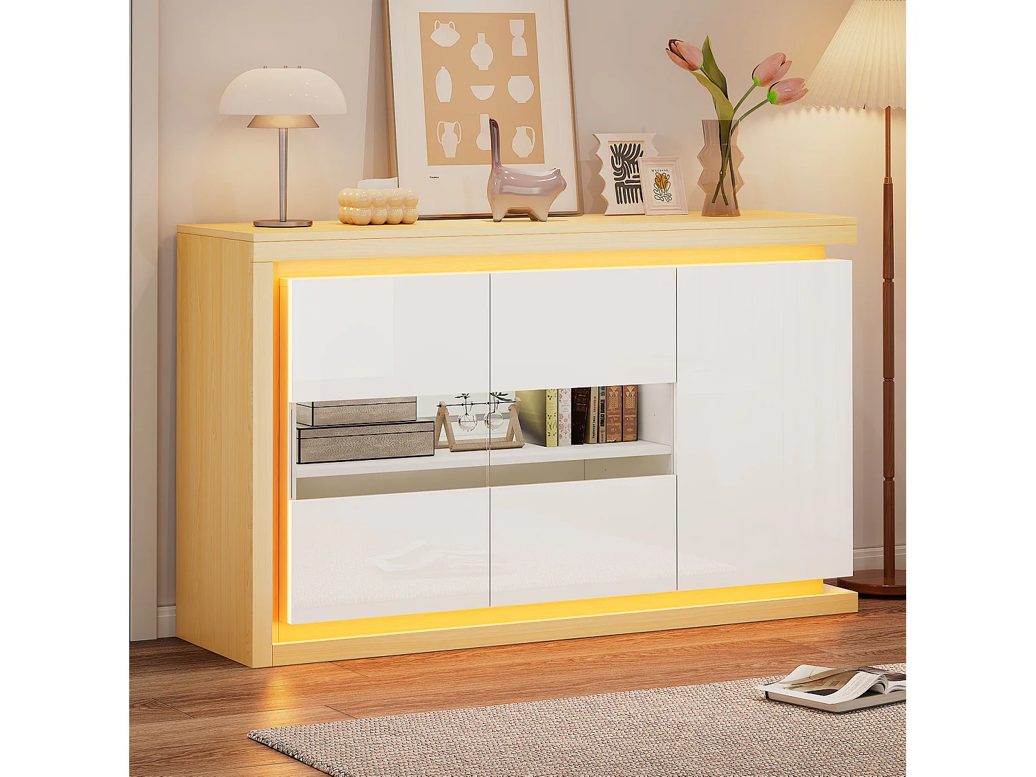 Komoda lakierowana na wysoki połysk do salonu - 140 x 40 x 84 cm - z diodami LED + drzwi ze szkła hartowanego - płyta wiórowa - kolor biały 4955111 - obrazek 1