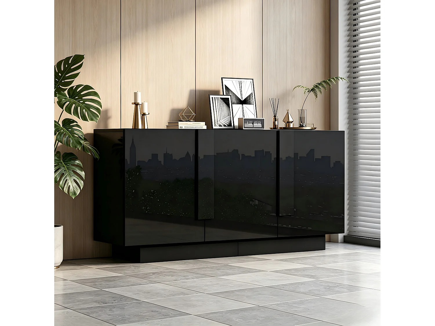 Komoda do salonu w wykończeniu na wysoki połysk - 160 x 35 x 60 cm - z 3 drzwiami + 6 półkami - płyta wiórowa - czarna 4957412 - obrazek 1