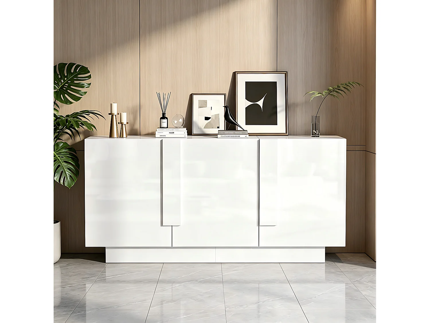 Komoda do salonu, połysk - 160 x 35 x 60 cm - 3 drzwi + 6 półek - płyta wiórowa - biała 4957418 - obrazek 1