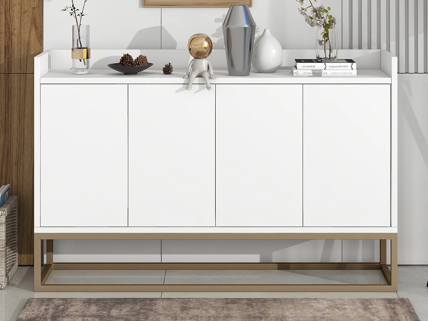 Komoda niska z 4 drzwiami - MDF drewno i nogi metalowe - Styl nowoczesny - Kolor biały - 120 x 30 x 80 cm 2582979 - obrazek 1