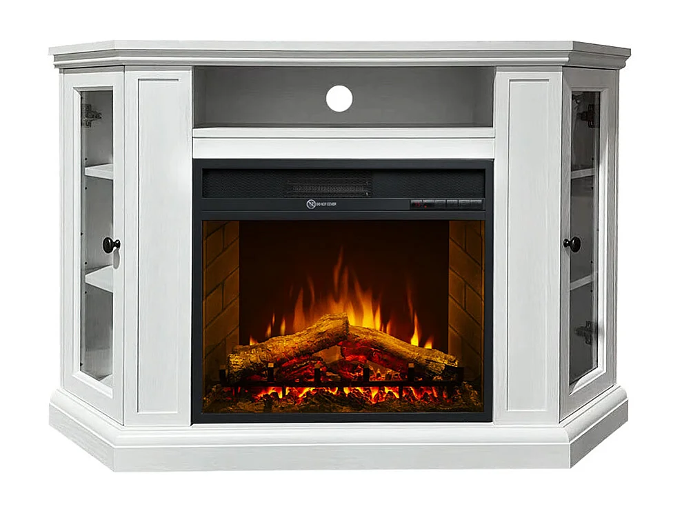 Narożny kominek elektryczny stojący MADISON z białego drewna, dł. 126 x gł. 78 x wys. 83 cm 3578817