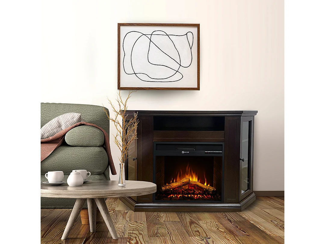 Narożny kominek elektryczny stojący MADISON z drewna orzechowego, dł. 126 x gł. 78 x wys. 83 cm 3581578