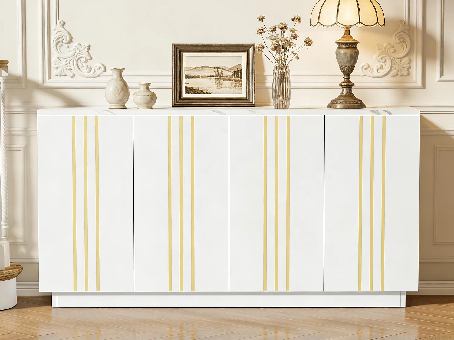 Kredens 140x35x70 cm - 4 drzwi - Złote wykończenia - Regulowane półki - Płyta wiórowa - Biały i złoty 4964142 - obrazek 1