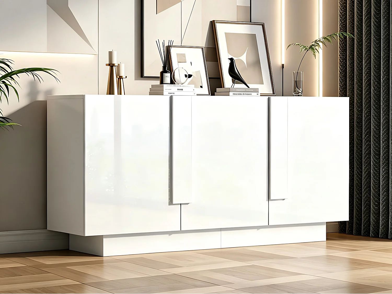 Komoda 160x35x60 cm – 3 drzwi i 6 półek – Wykończenie na wysoki połysk – Płyta wiórowa – Biały 4964147