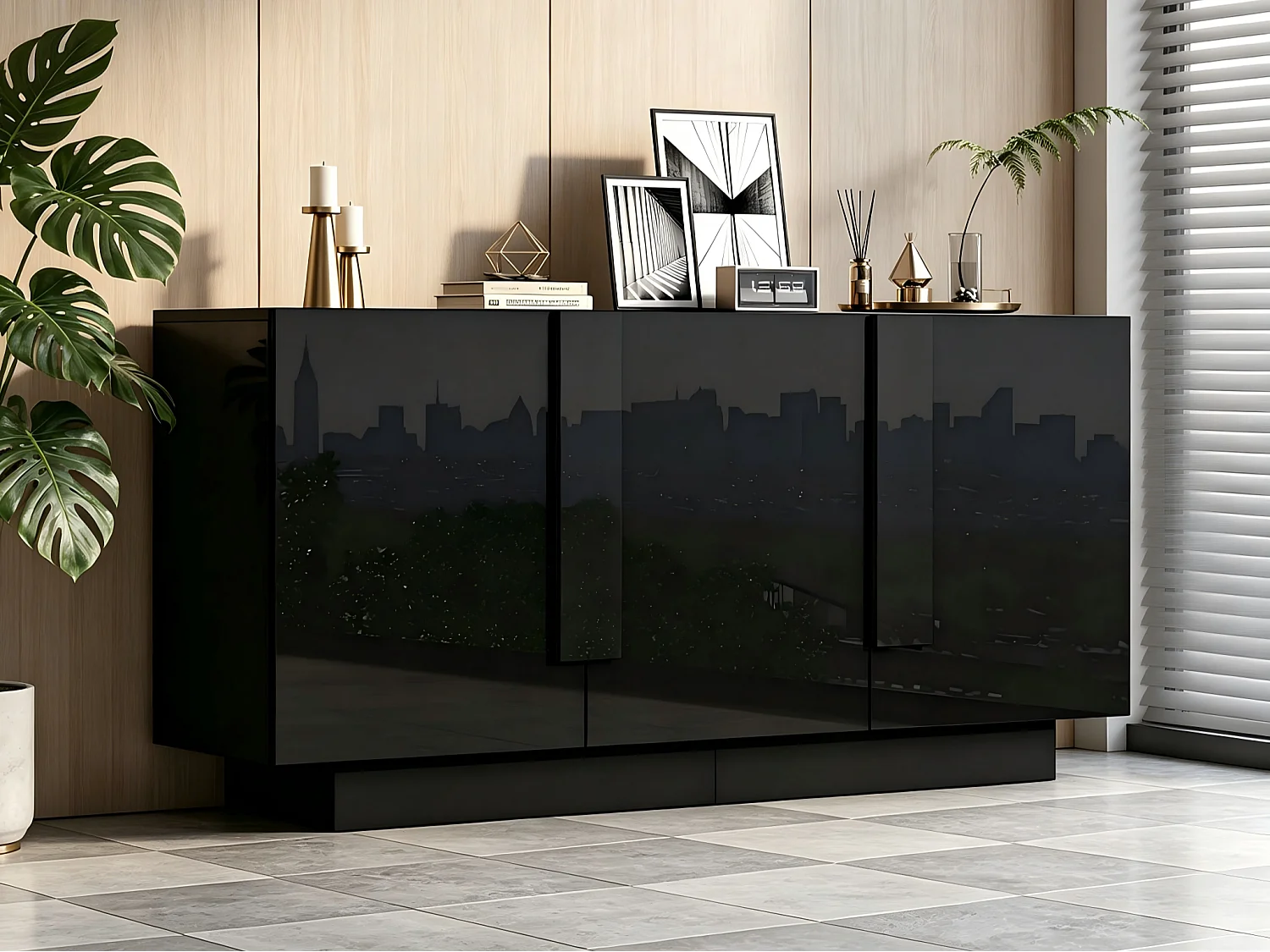 Komoda 160x35x60 cm – 3 drzwi i 6 półek – Wykończenie na wysoki połysk – Płyta wiórowa – Czarny 4964159