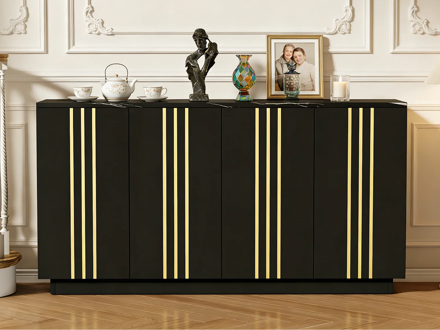 Kredens 140x35x70 cm - 4 drzwi - Złote wykończenia - Regulowane półki - Płyta wiórowa - Biały i złoty 4964164 - obrazek 1