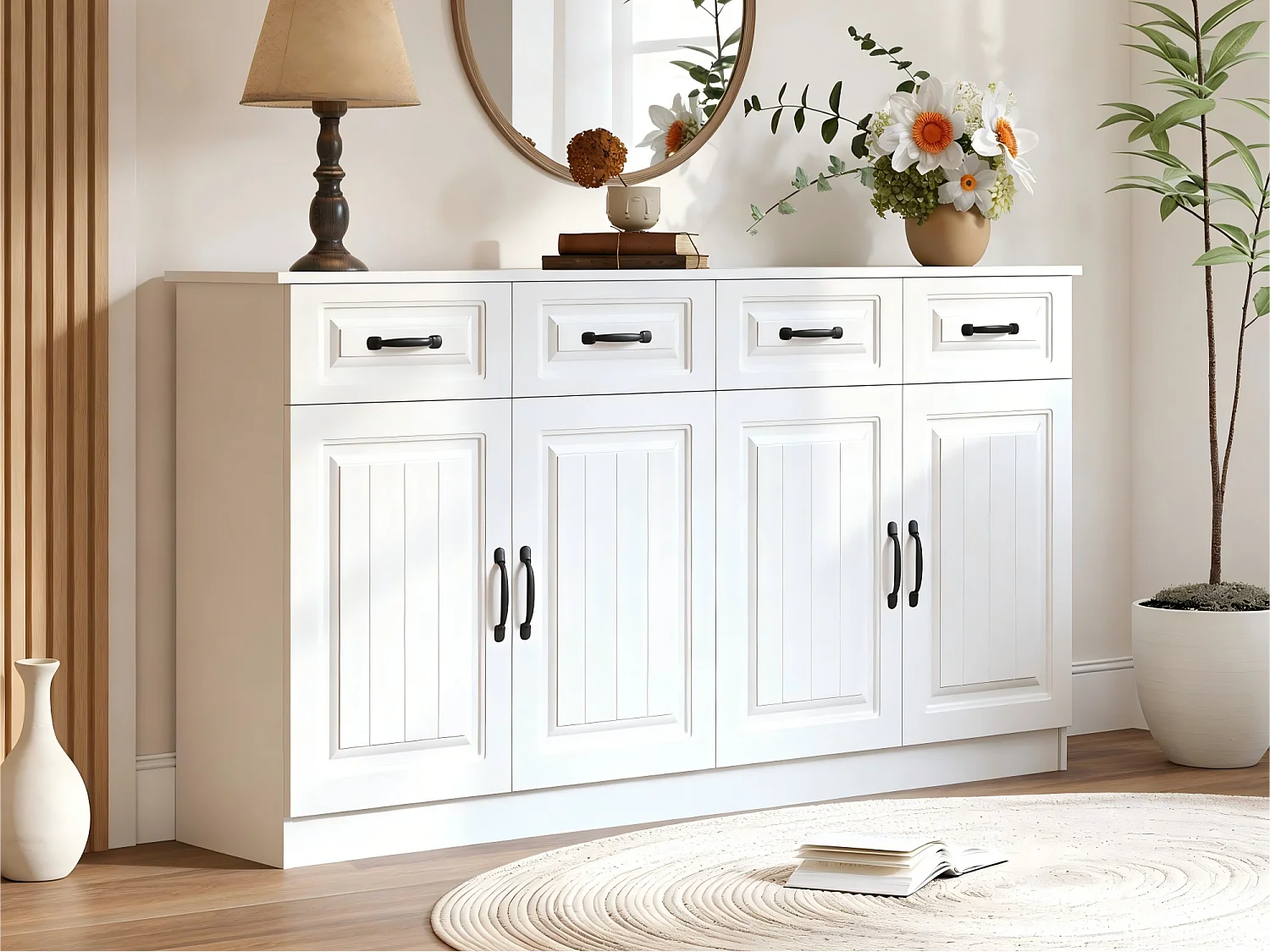 Kredens/Komoda z 4 drzwiami i 4 szufladami - 2 półki - Ryflowany design - 8 metalowych uchwytów - MDF - Biały 4964195 - obrazek 1