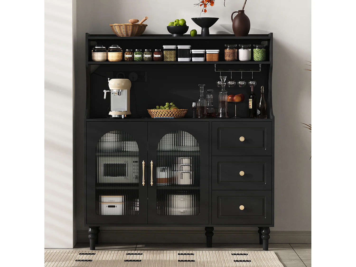 Kredens kuchenny z gniazdkami - 120 x 40 x 138,5 cm - z 3 szufladami + stojak na kieliszki + półki + 2 drzwi - MDF - czarny 4819301 - obrazek 1