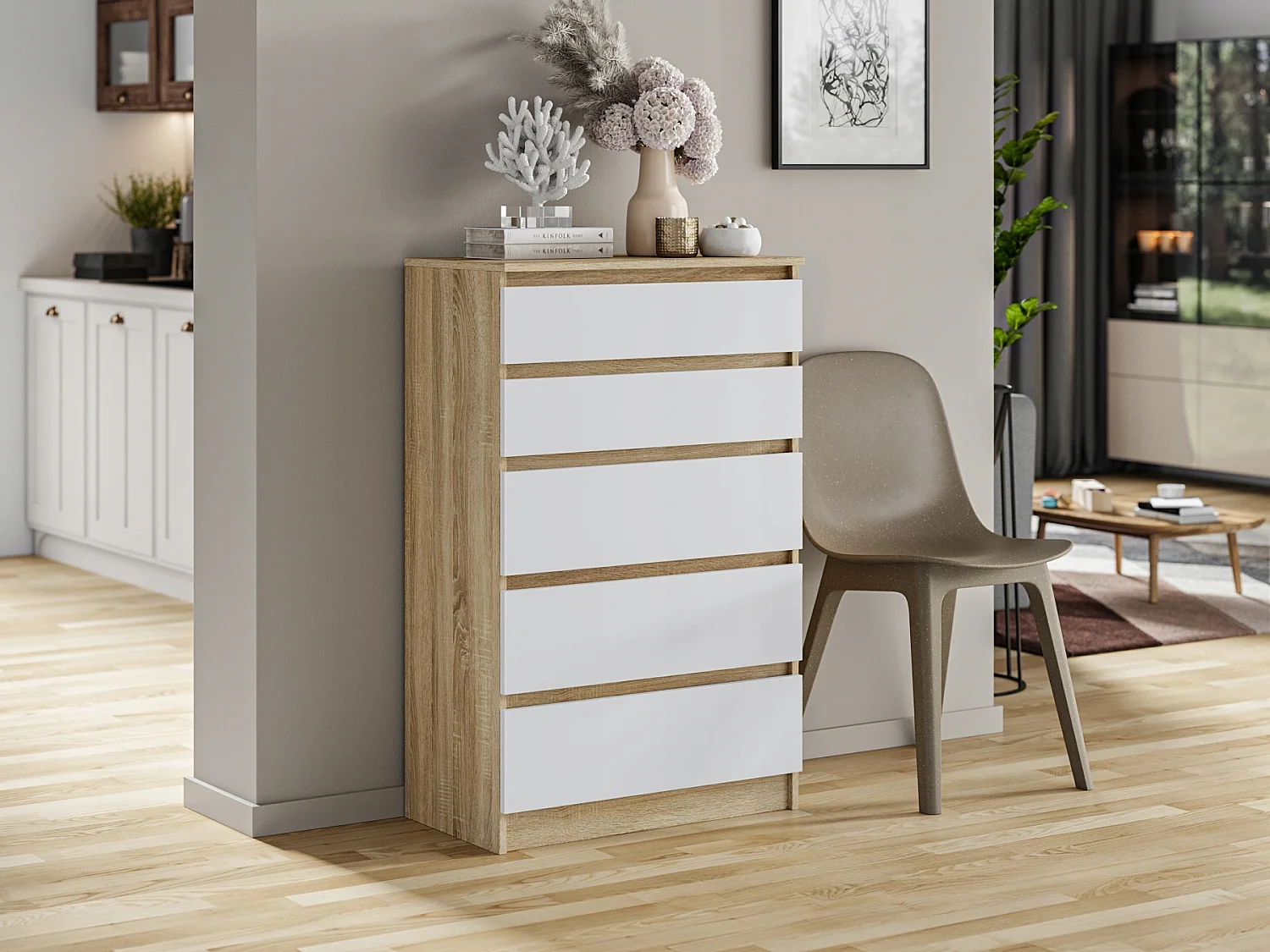 Komoda Do Sypialni Salonu Biura Pojemna Duża 5 Szuflad 70 Dąb Sonoma Biała 4978509 - obrazek 1