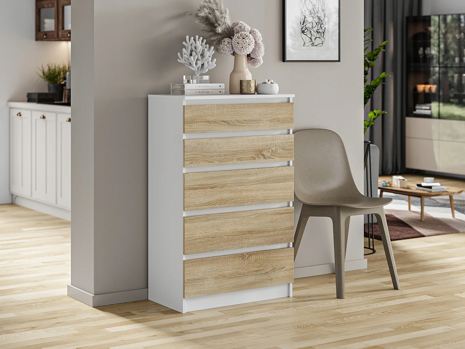 Komoda Do Sypialni Salonu Biura Pojemna Duża 5 Szuflad 70 Biała Dąb Sonoma 4978511 - obrazek 1