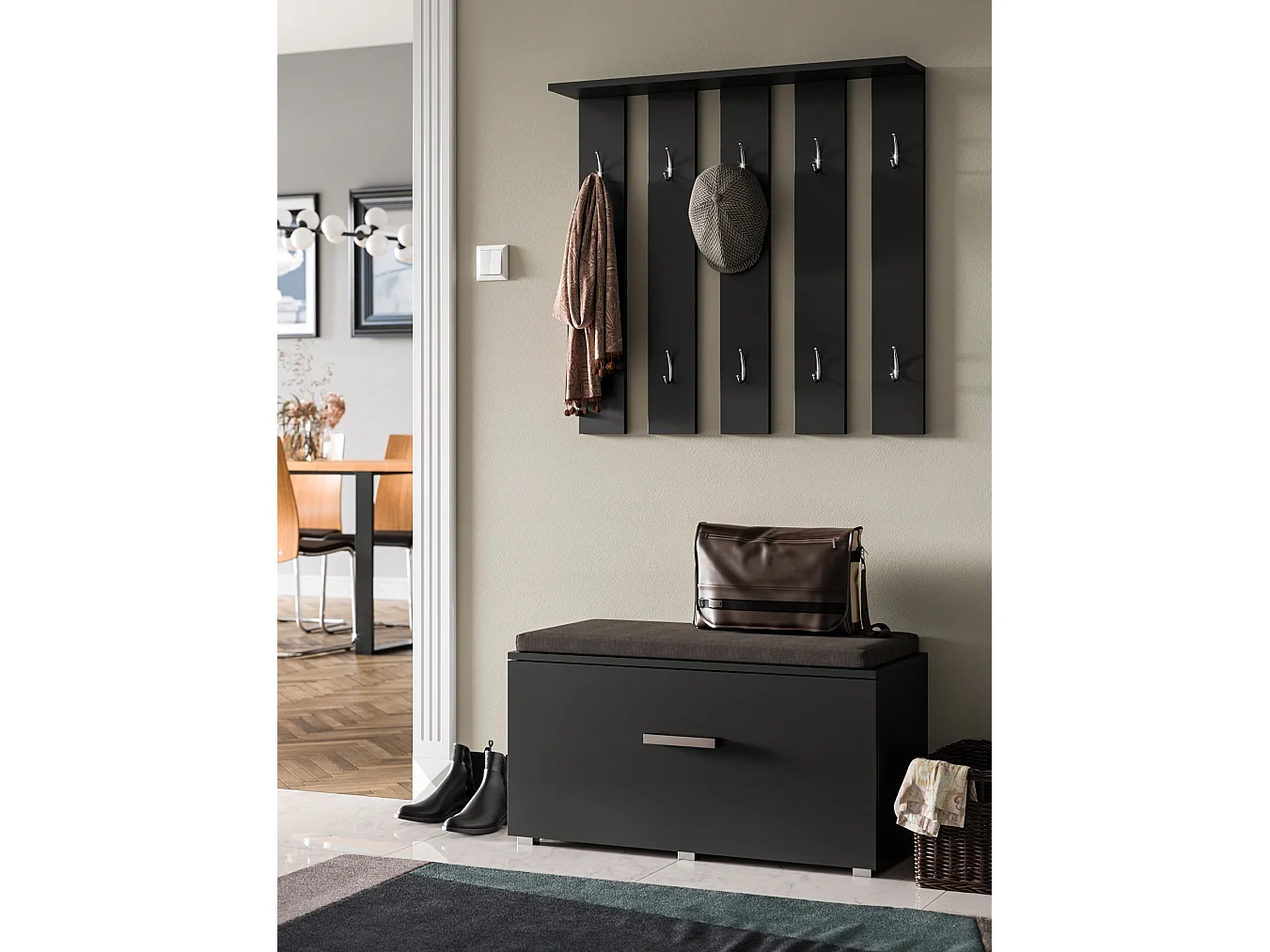 Komplet Do Przedpokoju Wieszak Siedzisko Szafka Na Buty Stone Czarny Mat 4978604 - obrazek 1