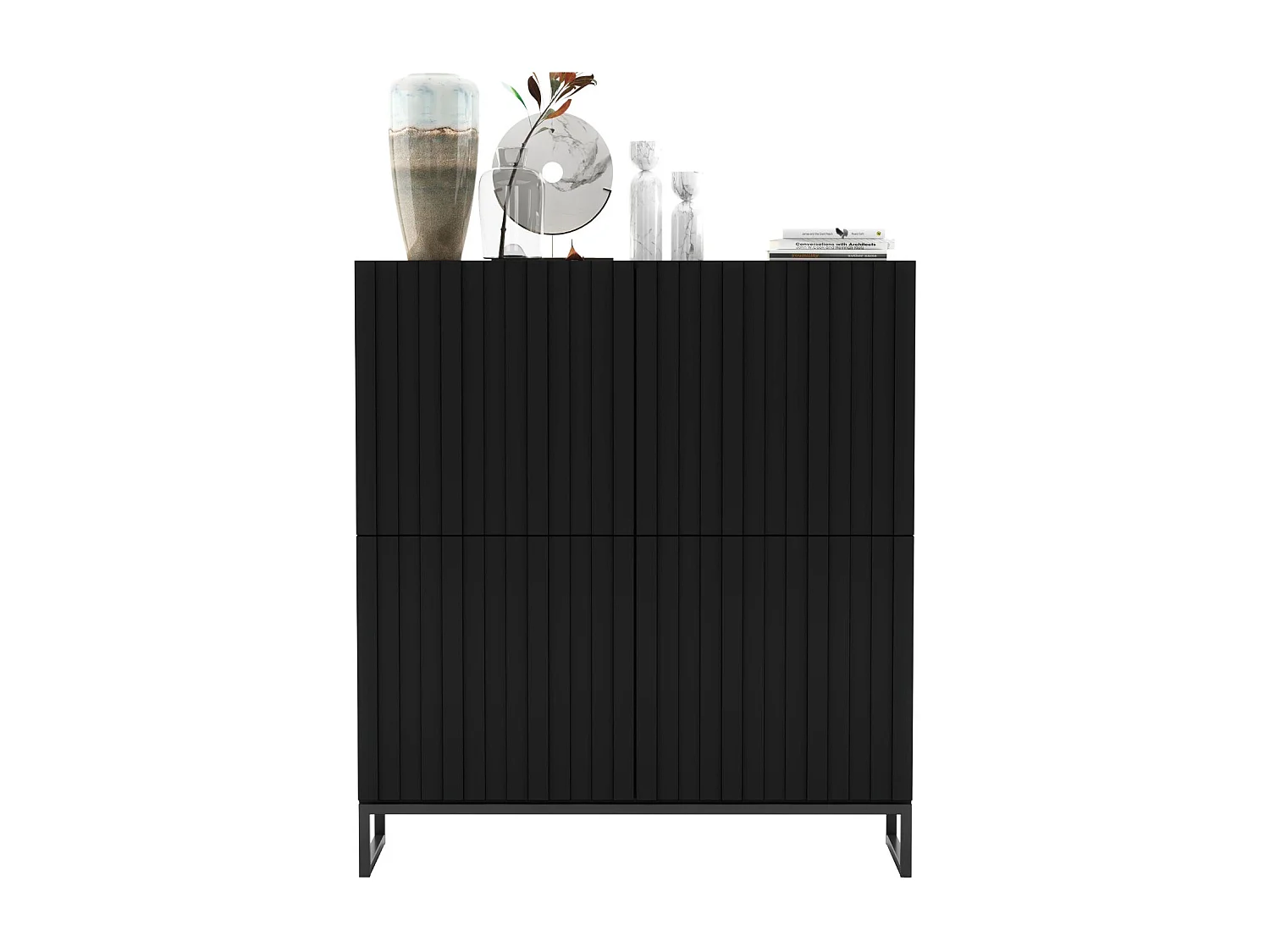 Komoda z 4 drzwiami - Korpus Czarny mat, fronty ryflowane Czarny mat - 112 cm, stelaż metalowy czarny 4165199 - obrazek 1