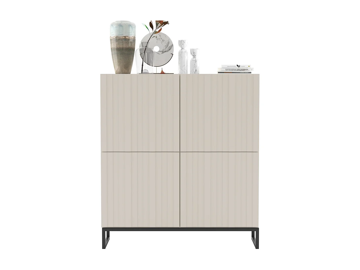 Komoda z 4 drzwiami - Korpus kaszmir mat, fronty ryflowane kaszmir mat - 112 cm, czarna metalowa rama 4804673 - obrazek 1