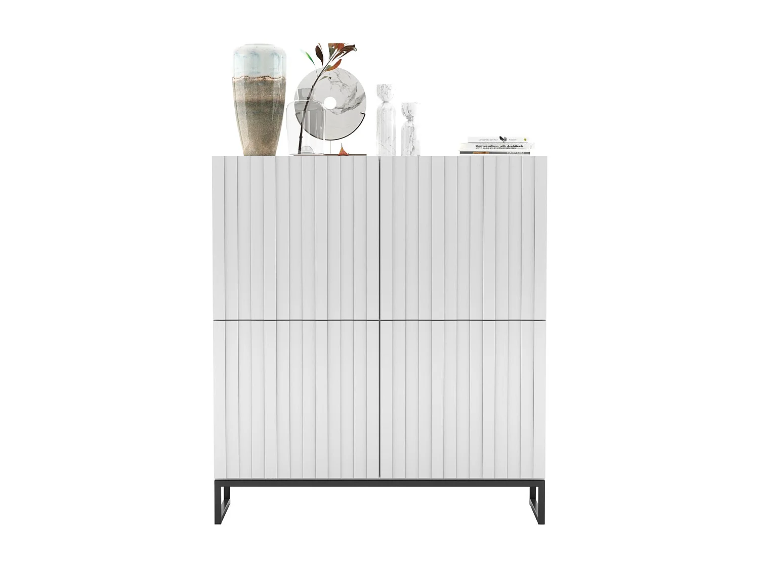 Komoda z 4 drzwiami – Korpus biały mat, frezowane fronty biały mat – 112 cm, czarna metalowa rama 4165197 - obrazek 1