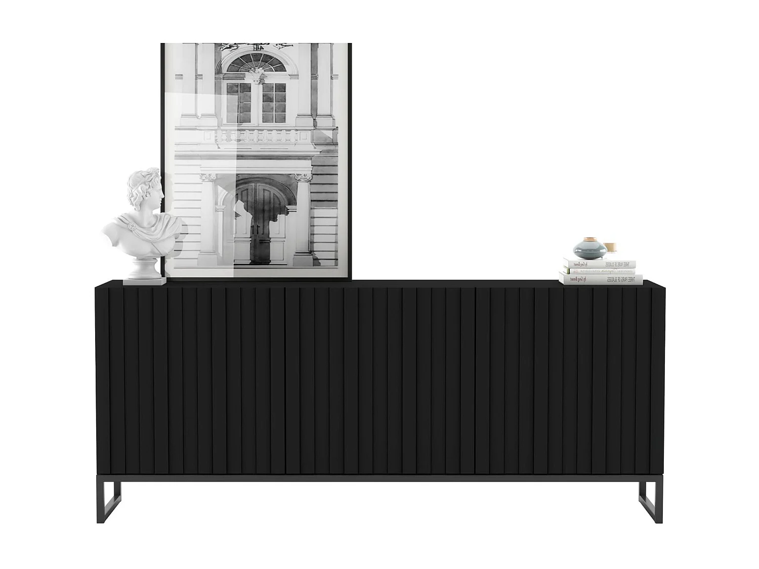 Komoda z 3 drzwiami – korpus Czarny mat, fronty ryflowane Czarny mat – 168 cm, czarna metalowa rama 4165194 - obrazek 1