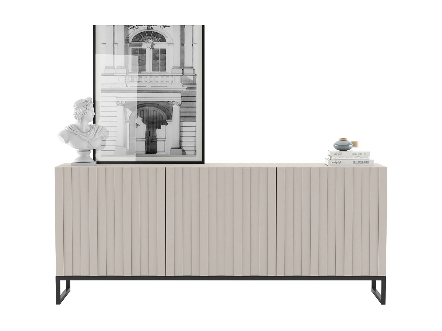 Komoda z 3 drzwiami - Korpus kaszmir mat, fronty ryflowane kaszmir mat - 168 cm, czarna metalowa rama 4804672 - obrazek 1