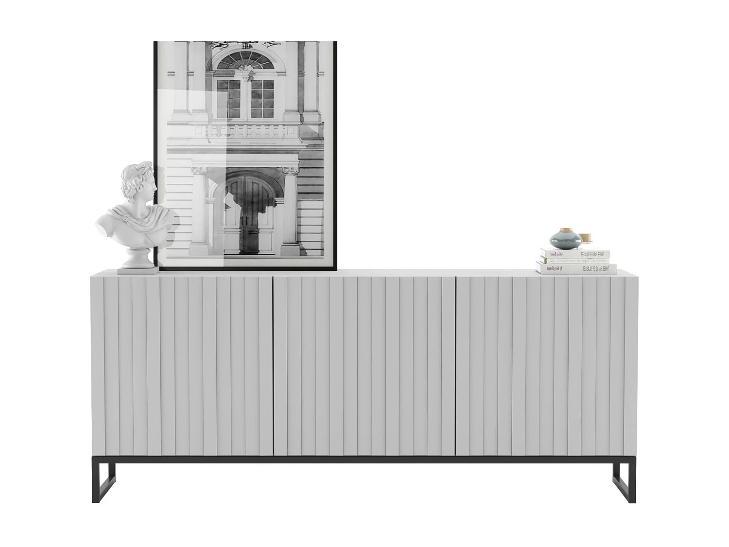 Komoda z 3 drzwiami – Korpus biały mat, ryflowane fronty biały mat – 168 cm, czarna metalowa rama 4165196 - obrazek 1