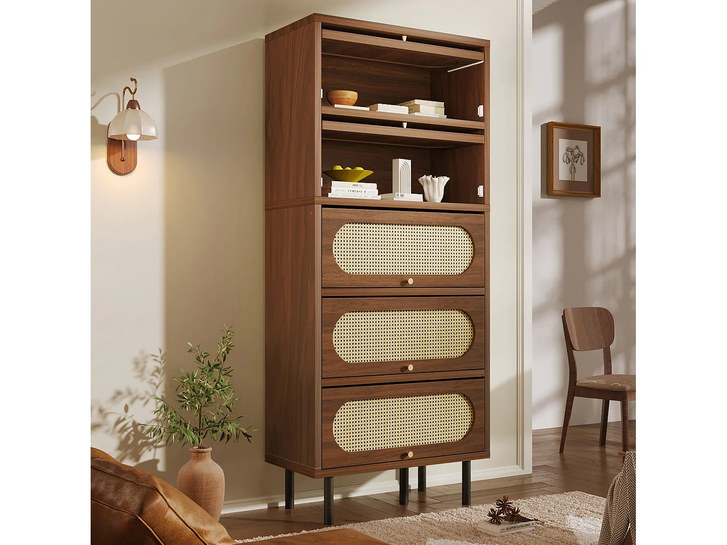 Komoda rattanowa 80 x 40 x 163 cm - z 5 drzwiami - metalowe nogi - kolor orzechowy 4980026 - obrazek 1