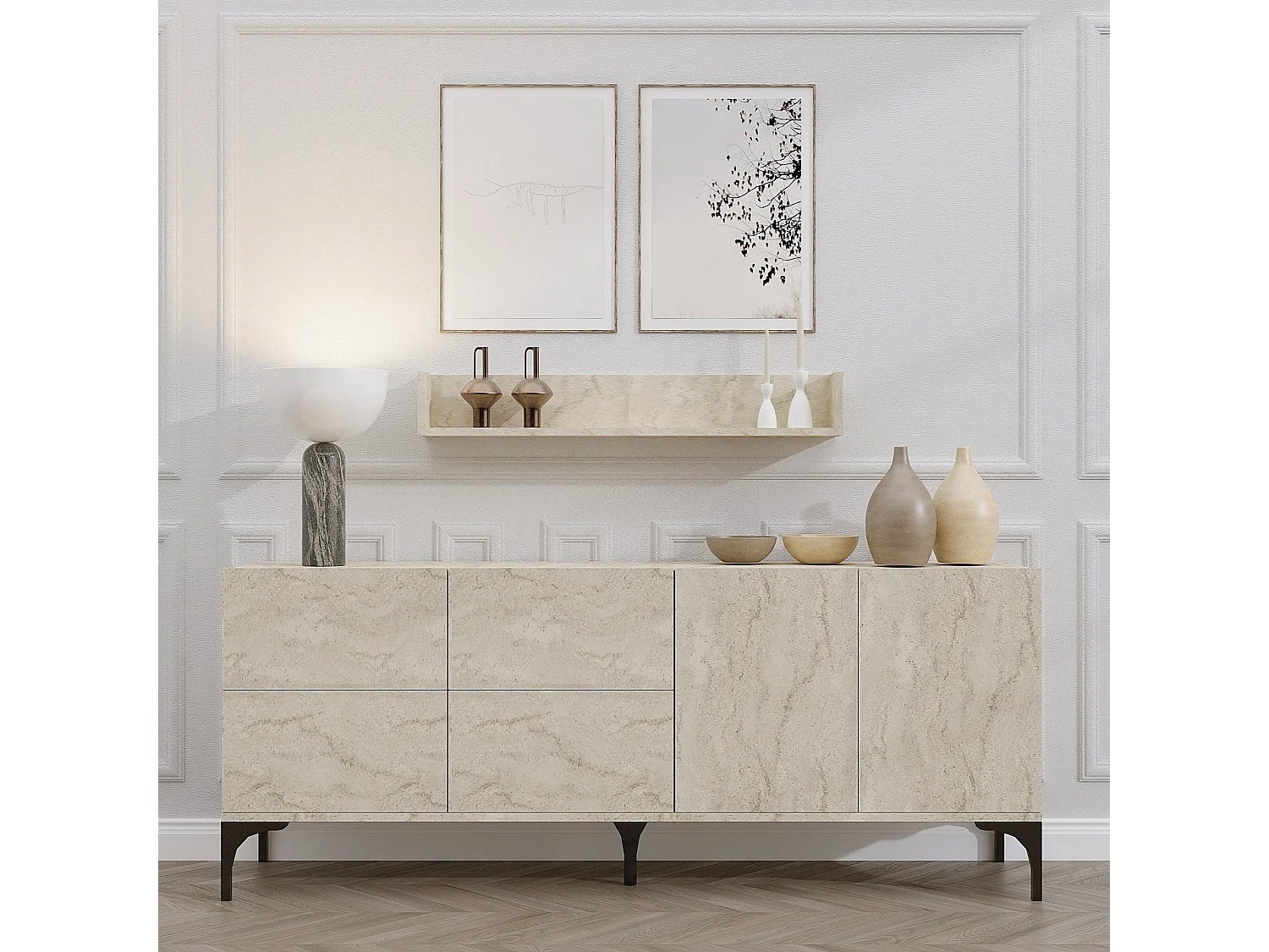 Komoda z półką ścienną – 180 x 55 x 40 cm – trawertyn – pokryta melaminą 4629214 - obrazek 1