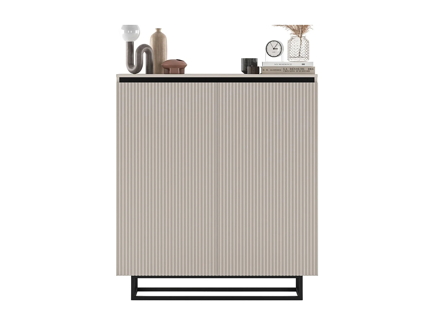Komoda 2-drzwiowa – korpus kaszmir mat, ryflowane fronty kaszmir mat – 110,8 cm, czarny metalowy stelaż 4858850