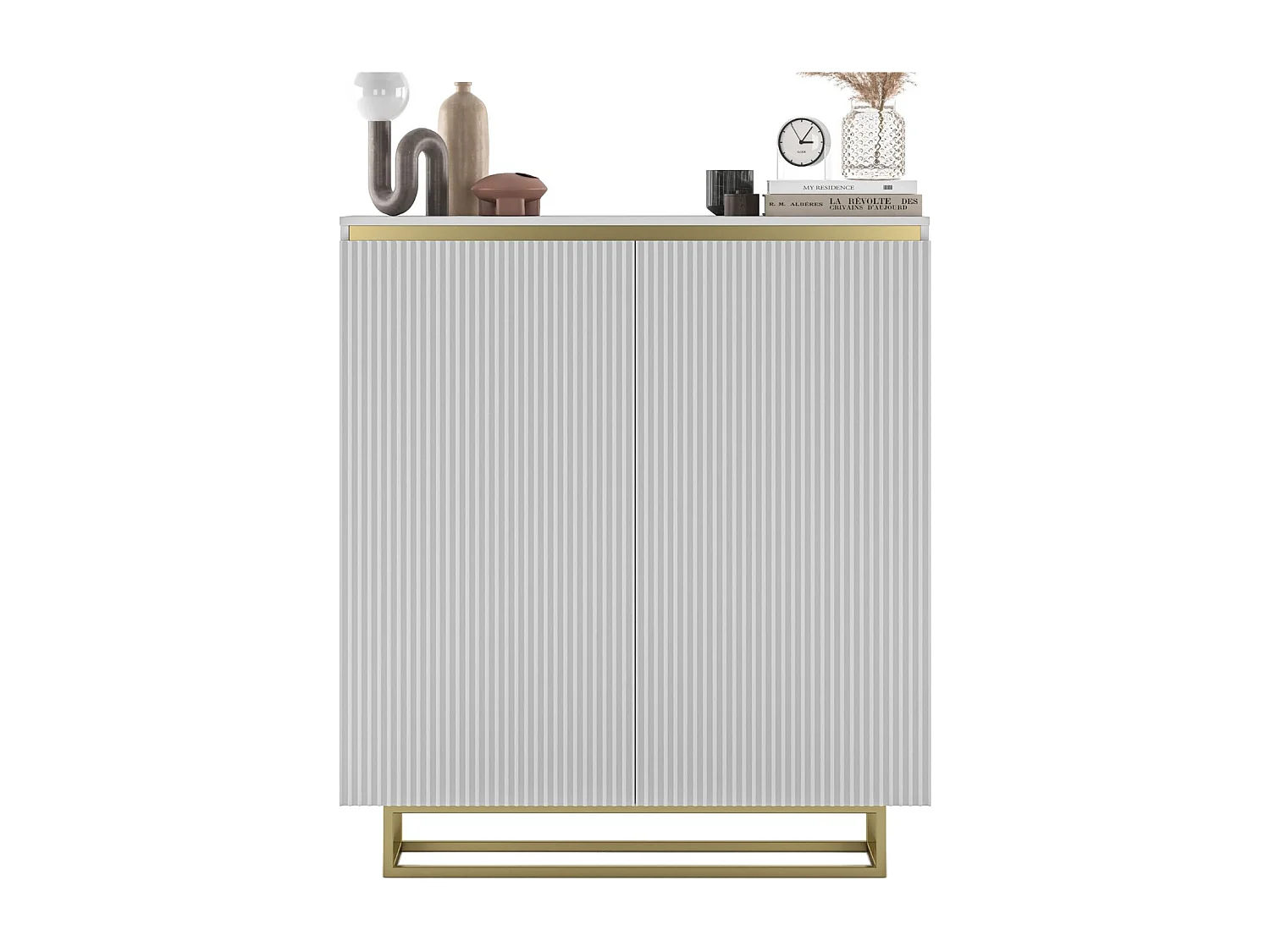 Komoda 2-drzwiowa – korpus biały mat, fronty ryflowane biały mat – 110,8 cm, złota metalowa rama 4858845
