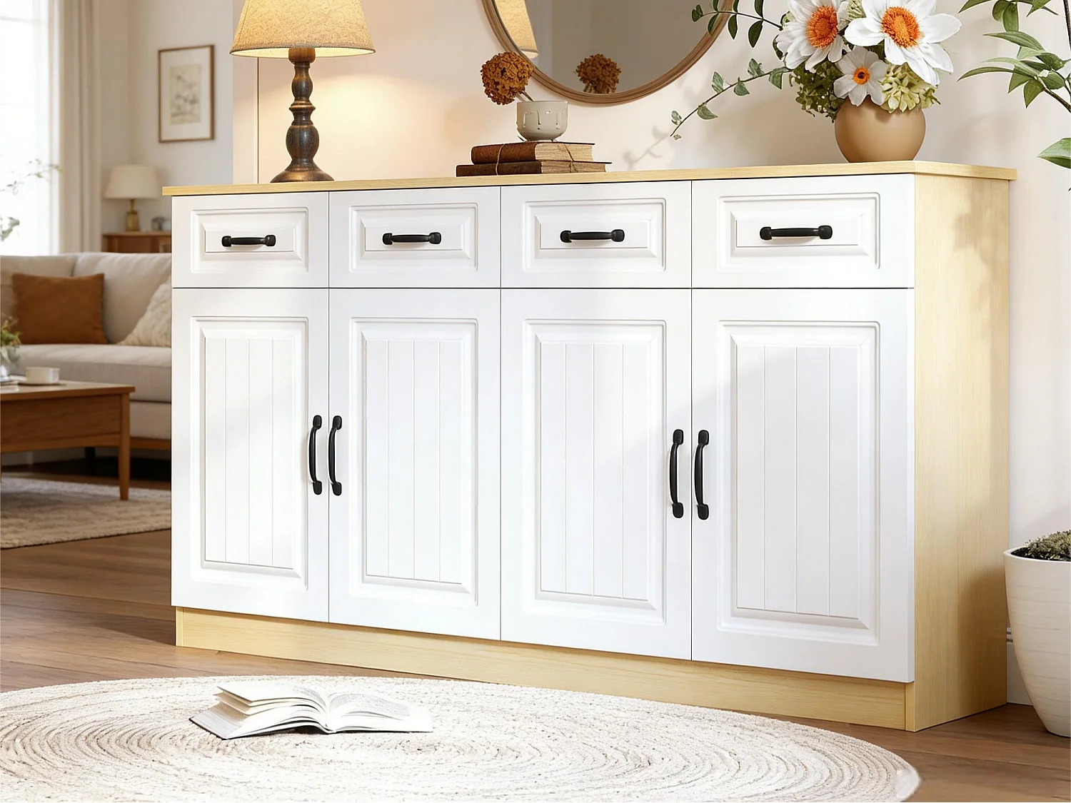 Komoda z 4 drzwiami i 4 szufladami - 2 półki - ryflowany design - 8 metalowych uchwytów - MDF - biały + naturalny 4983659 - obrazek 1