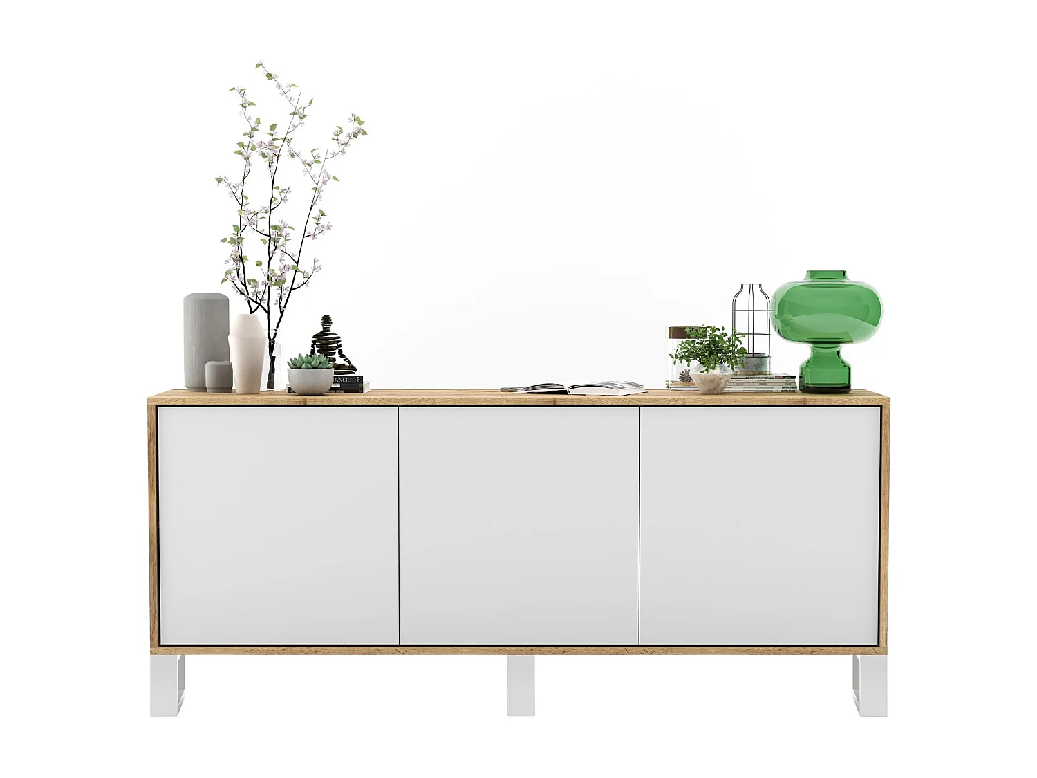 Komoda z 3 drzwiami – korpus dąb wotan, fronty biały mat – 168 cm, metalowe nogi 3769122 - obrazek 1