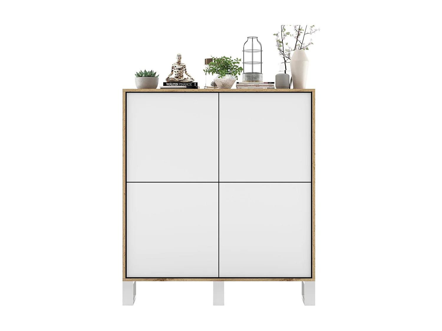 Komoda z 4 drzwiami - korpus dąb wotan fronty biały mat - 113 cm, metalowe nogi 3769130 - obrazek 1