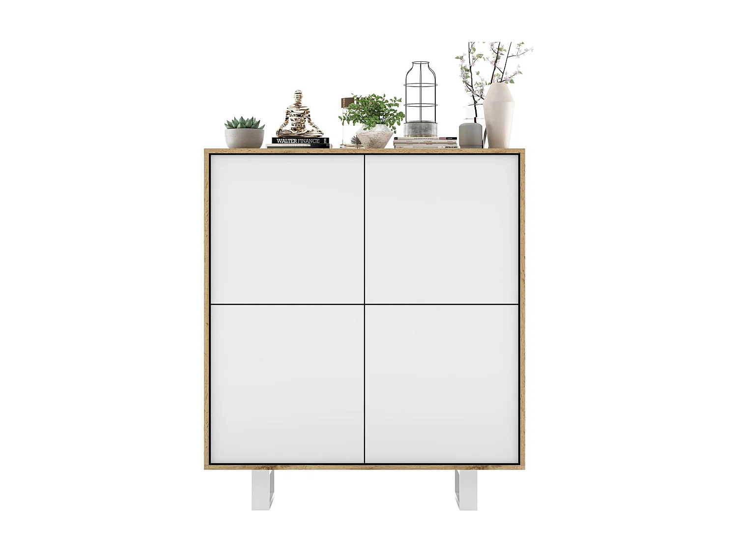 Komoda z 4 drzwiami – korpus dąb wotan fronty białe matowe – 113 cm, metalowe nogi 3769136 - obrazek 1