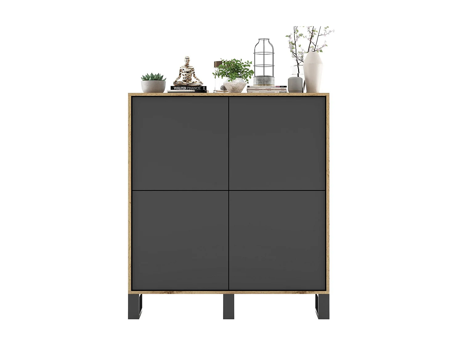 Komoda z 4 drzwiami – korpus dąb wotan, fronty grafit mat – 113 cm, metalowe nogi 3769137 - obrazek 1