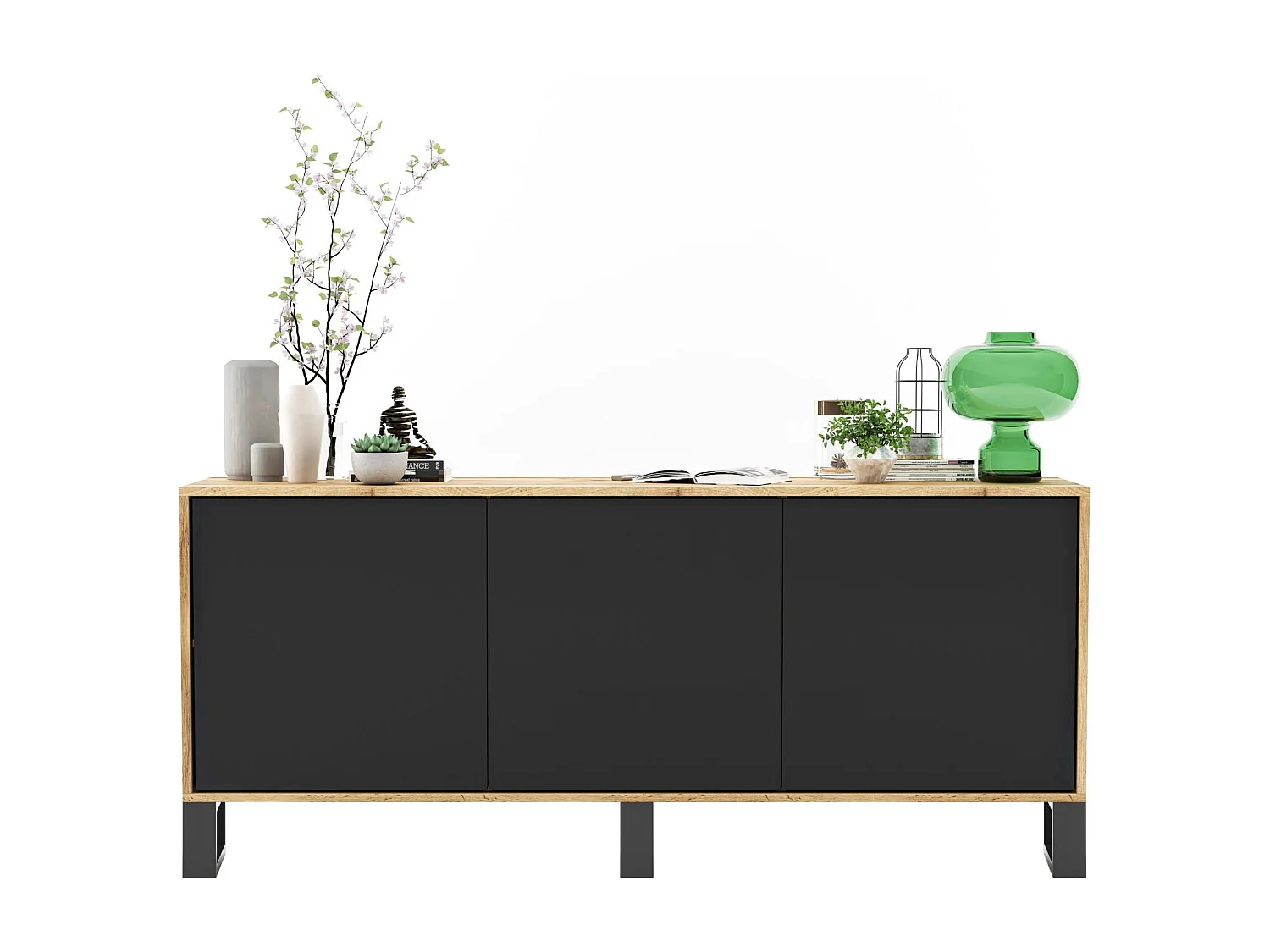 Komoda z 3 drzwiami – korpus dąb wotan, fronty czarne mat – 168 cm, metalowe nogi 3769124 - obrazek 1