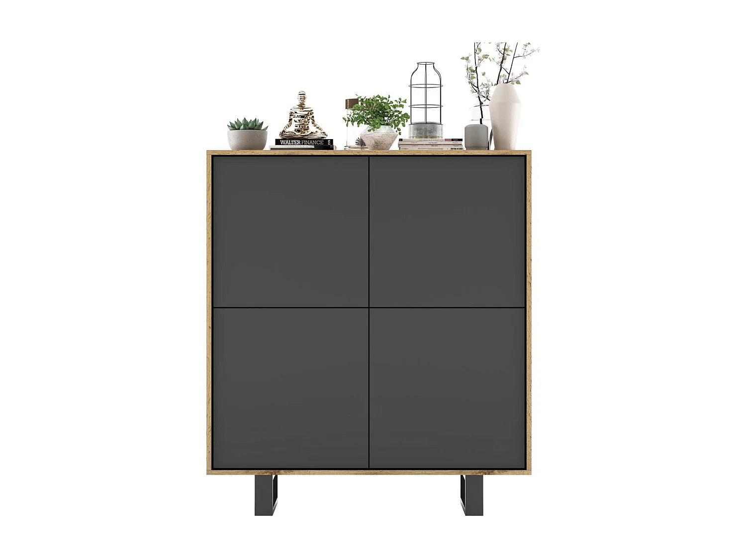 Komoda z 4 drzwiami – korpus dąb wotan, fronty grafit mat – 113 cm, metalowe nogi 3769138 - obrazek 1