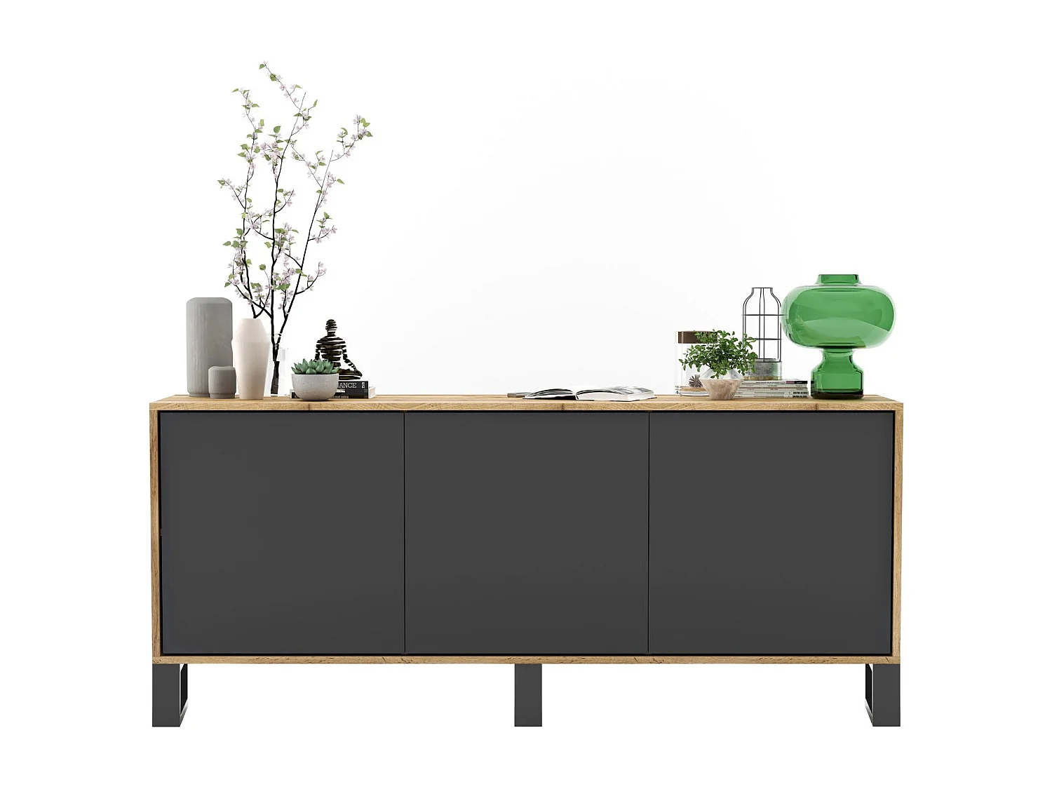 Komoda z 3 drzwiami - korpus dąb wotan, fronty grafit mat - 168 cm, metalowe nogi 3769128 - obrazek 1