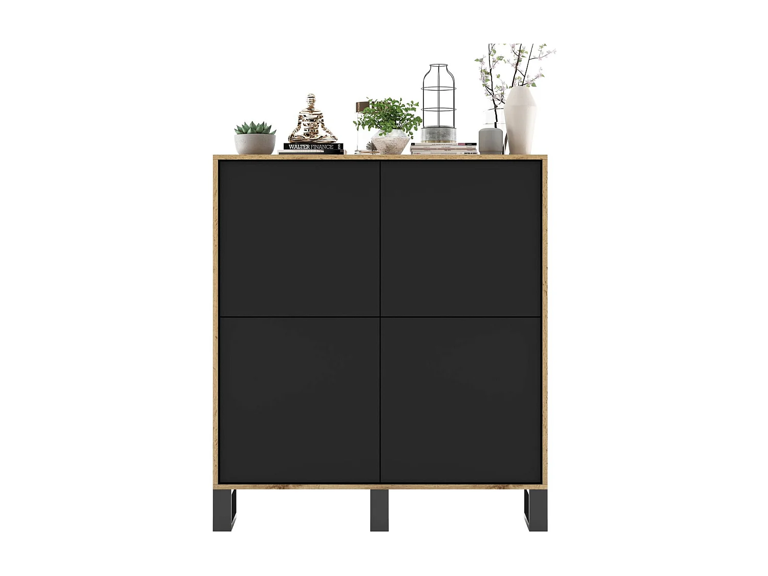 Komoda z 4 drzwiami – korpus dąb wotan, fronty czarne mat – 113 cm, metalowe nogi 3769132 - obrazek 1