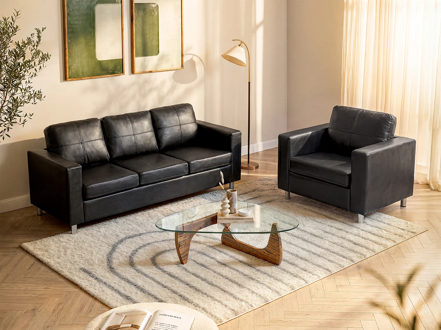 Komplet wypoczynkowy 3+1 z ekoskóry ACKLEY – Czarny 83681