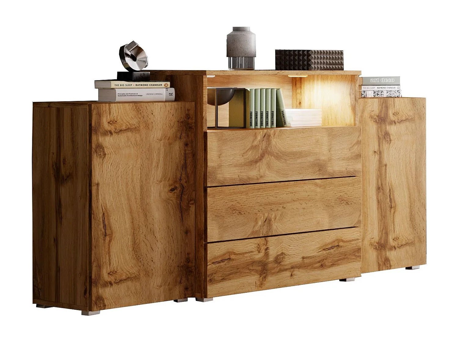 Komoda 150 cm mat do salonu – nowoczesna stojąca z 3 szufladami, szafkami z LED dąb wotan 4701749