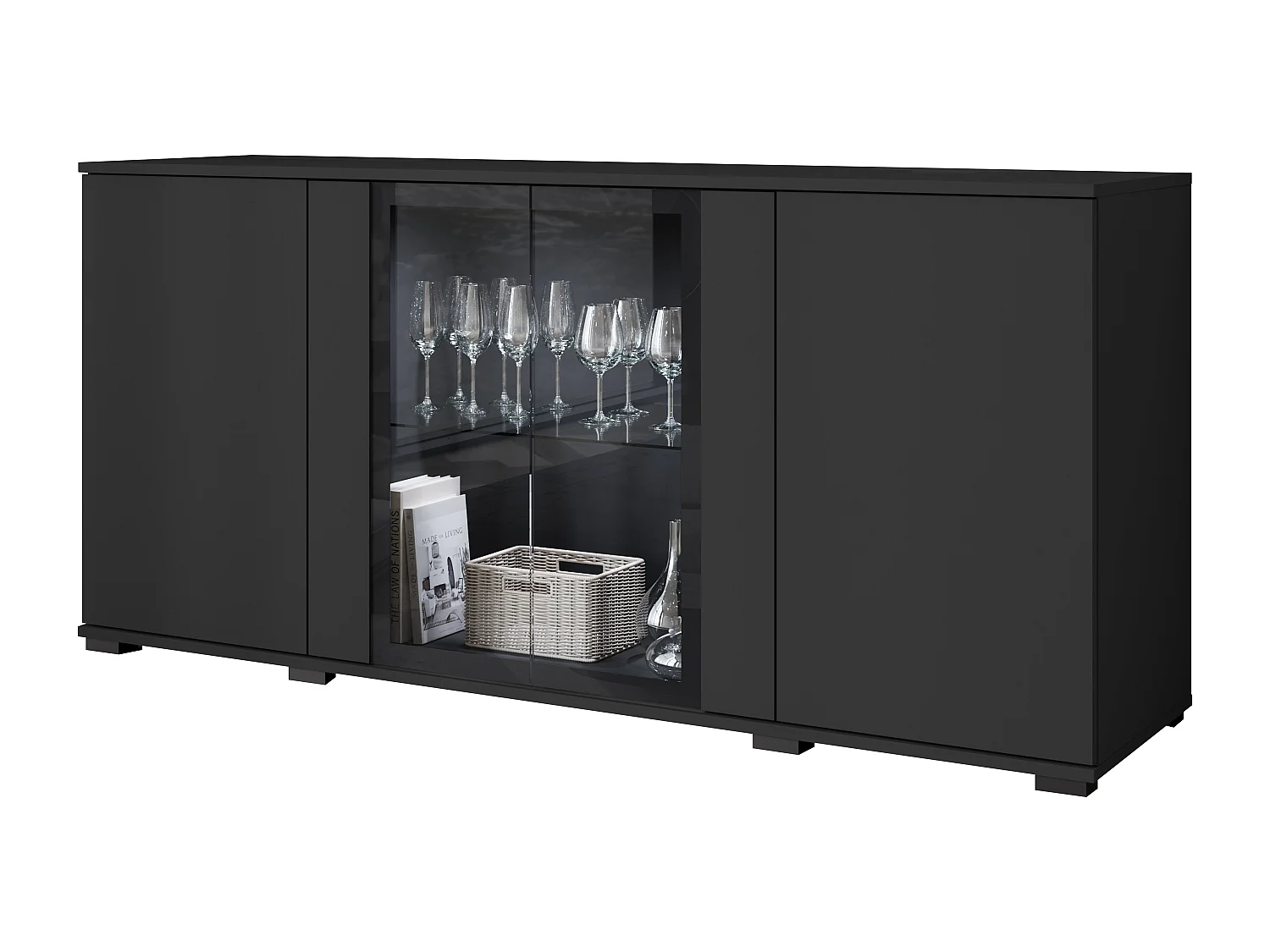 Komoda 150 cm do salonu – nowoczesna witryna z przeszkleniami, mat czarny 4367330